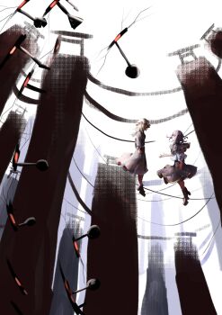 2girls absurdres black_capelet black_hair black_skirt boots bow brown_boots brown_shoes capelet clenched_hand closed_mouth collared_shirt crack dress floating frown gap_(touhou) hair_bow hat highres long_dress looking_at_another looking_down looking_up maribel_hearn mob_cap multiple_girls muraryo no_headwear open_mouth pillar purple_dress shirt shoes short_hair skirt sleeve_cuffs torii touhou usami_renko white_bow white_hat white_shirt