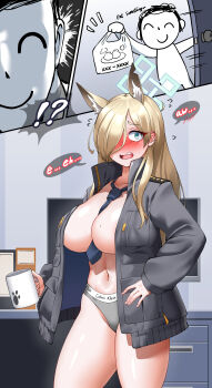 !? 1boy 1girl 3koma absurdres animal_ears areola_slip bag between_breasts black_hair blonde_hair blue_archive blue_eyes blue_halo blue_necktie blush body_blush breasts calvin_klein cleavage coffee_mug collarbone comic commentary cowboy_shot cup desk dog_ears doodle_sensei_(blue_archive) door doorknob doorway drawer english_commentary english_text engrish_commentary feet_out_of_frame grey_background grey_jacket grey_panties hair_over_one_eye halo hand_in_pocket highleg highleg_panties highres hitch_(perotoss) holding holding_bag holding_cup huge_breasts indoors jacket kanna_(blue_archive) large_breasts long_bangs long_hair long_sleeves looking_at_another looking_at_viewer looking_to_the_side monitor mug naked_jacket navel necktie necktie_between_breasts office open_clothes open_jacket open_mouth opening_door paid_reward_available panties pov sensei_(blue_archive) sharp_teeth shiny_skin short_hair sideboob simple_background smile speech_bubble spoken_blush standing surprised sweat teeth thighs underboob underwear upper_teeth_only walk-in wavy_mouth