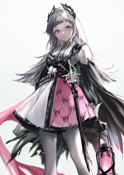 1girl arched_bangs arknights black_dress black_gloves blunt_bangs commentary dress gloves green_eyes grey_hair highres holding holding_lantern irene_(arknights) lantern long_hair long_sleeves looking_at_viewer multicolored_eyes pantyhose parted_lips pink_dress pink_eyes pink_pupils raramente scar scar_across_eye scar_on_face simple_background solo sword two-tone_eyes weapon white_background white_dress white_pantyhose