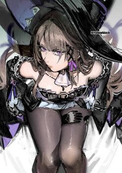 1girl black_dress black_hat black_pantyhose breasts brown_hair closed_mouth commentary_request detached_sleeves dress from_above hat herta_(honkai:_star_rail) highres honkai:_star_rail honkai_(series) long_hair long_sleeves looking_at_viewer looking_up otimusyairoha pantyhose purple_eyes sitting sleeveless sleeveless_dress small_breasts solo the_herta_(honkai:_star_rail) twitter_username witch_hat