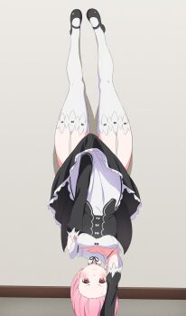1girl black_footwear blush breasts cleavage coro_fae detached_sleeves dress frilled_dress frilled_sleeves frills garter_straps handstand highres long_sleeves looking_at_viewer lycoris_challenge_(meme) lycoris_recoil maid medium_breasts meme neck_ribbon parody puffy_sleeves ram_(re:zero) re:zero_kara_hajimeru_isekai_seikatsu red_eyes red_hair red_ribbon ribbon ribbon-trimmed_sleeves ribbon_trim roswaal_mansion_maid_uniform scene_reference short_hair smile thick_thighs thighhighs thighs upside-down white_thighhighs wide_sleeves