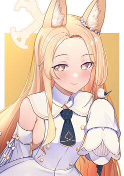 1girl absurdres animal_ear_fluff animal_ears arm_behind_back armpit_crease bare_shoulders bird bird_on_hand blonde_hair blue_archive blush border breasts bright_pupils buttons closed_mouth commentary cowboy_shot cross_halo detached_sleeves double-breasted dress extra_ears flower_wreath forehead fox_ears fox_girl halo hand_up head_wreath highres lips long_hair looking_at_viewer mr2d multicolored_eyes outside_border parted_bangs pink_eyes seia_(blue_archive) simple_background sleeveless sleeveless_dress sleeves_past_wrists small_breasts smile solo straight_hair two-tone_eyes very_long_hair white_bird white_border white_dress white_pupils yellow_background yellow_eyes yellow_halo