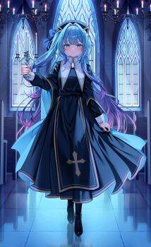 1girl backlighting blue_dress blue_eyes blue_gemstone blue_hair blue_hat blue_streaks blunt_bangs blush boots bow breasts candelabra candle candlelight candlestand chandelier church closed_mouth commentary_request commission cross cross_print dress full_body gem gold_trim gradient_hair hair_intakes hand_up hat hat_bow high_heel_boots high_heels highres holding holding_candlestand jewelry light_particles long_dress long_hair long_sleeves medium_breasts mocchiri290 multicolored_hair necklace nun original pew pink_hair pixiv_commission purple_hair sidelocks sleeve_cuffs smile stained_glass straight-on streaked_hair tile_floor tiles two-sided_fabric two_side_up very_long_hair