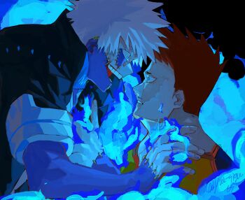 Rule 34 | 2boys, absurdres, azisaiharumaki56, blue fire, boku no hero academia, commentary request, dabi (boku no hero academia), earrings, endeavor (boku no hero academia), eye contact, fire, hand on another's shoulder, highres, jewelry, looking at another, male focus, multiple boys, red hair, scar, scar on arm, scar on face, short hair, sideburns, signature, spiked hair, stitched face, stitched hand, stitches, white hair