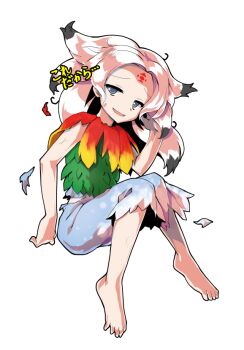 Rule 34 | 1girl, alphes (style), barefoot, black hair, blue eyes, blue skirt, capelet, colored tips, commentary request, dairi, defeat, facial mark, feather capelet, feathers, flat chest, forehead, forehead mark, fossilized wonders, full body, gradient feathers, green leaf, half-closed eyes, hand up, houjuu chimi, large variant set, leaf clothing, leaf shirt, long hair, looking at viewer, multicolored hair, open mouth, parody, red feathers, shirt, simple background, skirt, sleeveless, sleeveless shirt, smile, solo, style parody, sweatdrop, tachi-e, torn capelet, torn clothes, torn skirt, touhou, translation request, transparent background, variant set, white hair, yellow feathers