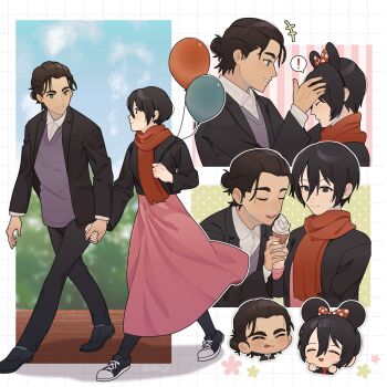 ! 1boy 1girl absurdres balloon black_hair black_jacket black_pants blue_eyes blue_sky brown_hair bush closed_eyes collared_shirt couple dating disneyland eren_yeager flower full_body hair_between_eyes hetero highres holding holding_balloon holding_hands holding_ice_cream_cone ice_cream_cone jacket long_skirt long_sleeves looking_at_another mikasa_ackerman minnie_mouse_ears multiple_views open_clothes open_jacket pants pantyhose pink_skirt purple_sweater red_scarf reifuji scarf shingeki_no_kyojin shirt shirt_under_sweater shoes short_hair skirt sky smile sneakers spoken_exclamation_mark sweater tongue tongue_out upper_body walking white_shirt