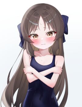 1girl absurdres bare_arms black_bow blue_one-piece_swimsuit blush bow collarbone commentary covered_navel crossed_arms fella_(vpffk0731) fingernails flat_chest hair_bow half_updo hand_on_own_arm highres idolmaster idolmaster_cinderella_girls long_hair looking_at_viewer one-piece_swimsuit school_swimsuit simple_background solo sweat swimsuit tachibana_arisu upper_body very_long_hair white_background yellow_eyes