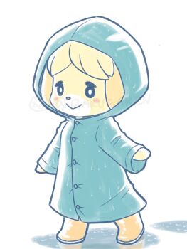 Rule 34 | 1girl, :>, alternate costume, animal crossing, blue coat, blue raincoat, blush, boots, coat, dog girl, full body, highres, hood, hood up, hooded coat, isabelle (animal crossing), long sleeves, nintendo, orange boots, puddle, raincoat, rakugaken, rubber boots, simple background, smile, solo, standing, twitter username, white background