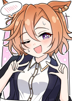 1girl absurdres animal_ears arnolddayo blush breasts collared_shirt double_w hair_between_eyes highres horse_ears horse_girl jacket long_sleeves looking_at_viewer one_eye_closed open_clothes open_jacket open_mouth orange_hair purple_eyes shirt short_hair smile solo sweat t.m._opera_o_(casual)_(umamusume) t.m._opera_o_(umamusume) umamusume upper_body w white_shirt