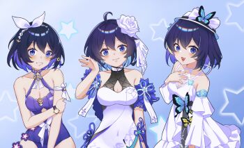 3girls ahoge artist_name bare_shoulders blue_background blue_hair breasts chinese_commentary cleavage commentary_request dress flower hair_flower hair_ornament highres honkai_(series) honkai_impact_3rd looking_at_viewer meow_maolai multiple_girls multiple_persona official_alternate_costume one-piece_swimsuit purple_one-piece_swimsuit seele_vollerei seele_vollerei_(mirrored_flourishes) seele_vollerei_(papilio_lily) seele_vollerei_(stygian_nymph) seele_vollerei_(stygian_seafoam) seele_vollerei_(swallowtail_phantasm) short_hair smile star_(symbol) star_symbol_background swimsuit white_dress white_hair
