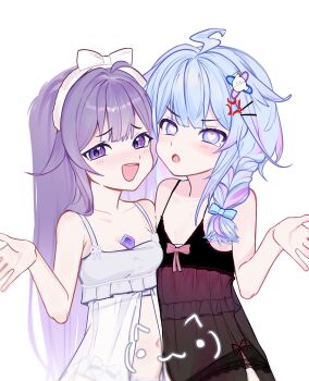 Rule 34 | 2girls, :d, ahoge, bare shoulders, blue eyes, blue hair, braid, breasts, collarbone, ffi1ffi1, flat chest, hair ornament, heart, heart-shaped pupils, highres, hololive, hololive dev is, hololive english, koseki bijou, lingerie, looking at viewer, mizumiya su, multicolored hair, multiple girls, navel, nightgown, open mouth, pink hair, purple eyes, purple hair, simple background, small breasts, smile, streaked hair, symbol-shaped pupils, underwear, virtual youtuber, white background