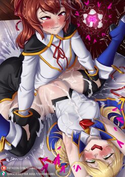1futa 1girl ahegao bed bedroom blazblue blonde_hair blush breasts brown_eyes bulge celica_a._mercury clothed_sex cum cum_in_pussy cum_inflation cum_on_body cum_on_breasts cum_on_clothes cum_on_legs cum_on_lower_body cum_on_upper_body futa_with_female futanari green_eyes heart heart-shaped_pupils highres huge_penis inflation leg_grab lying medium_breasts noel_vermillion on_bed open_mouth penis rolling_eyes sex shamashiel smile stomach_bulge symbol-shaped_pupils tongue tongue_out vaginal veins veiny_penis x-ray