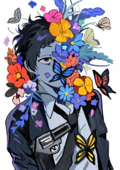 1boy adachi_tooru bags_under_eyes black_hair black_jacket black_necktie blue_butterfly blue_flower bug butterfly collared_shirt colored_skin commentary_request flower grey_skin gun handgun highres insect j0566 jacket male_focus necktie one_eye_covered persona persona_4 pink_flower red_flower revolver shirt short_hair solo upper_body weapon white_background yellow_flower