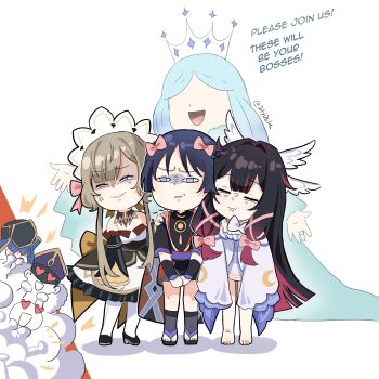 1boy 3girls absurdres angel anger_vein annoyed aqua_dress armor arms_at_sides barefoot black_bodysuit black_collar black_hair black_kimono black_sandals black_shoes black_shorts black_sleeves blue_eyes blue_hair blunt_bangs bodysuit bow brown_bow brown_hair closed_mouth collar columbina_(genshin_impact) crescent_print crown detached_collar detached_sleeves double-parted_bangs dress electrohammer_vanguard_(genshin_impact) empty_eyes english_text faceless faceless_female false_smile feathered_wings frilled_dress frilled_sleeves frills gem genshin_impact girl_sandwich gold gradient_hair hair_bow hair_intakes hair_ribbon hand_on_another&#039;s_shoulder harem head_wings heads_together heart heart-shaped_eyes highres japanese_armor japanese_clothes jewelry juban julydelic kimono kote kurokote large_bow layered_sleeves long_hair long_sideburns middle_ring mirror_maiden_(genshin_impact) multicolored_hair multiple_girls multiple_wings neck_ring necktie off-shoulder_dress off_shoulder open_hand open_mouth pantyhose pink_bow pink_hair pink_ribbon purple_dress purple_sash purple_sleeves red_gemstone red_kimono red_sash ribbon sandals sandrone_(genshin_impact) sandwiched sash scaramouche_(genshin_impact) shoes short_hair short_hair_with_long_locks short_sleeves shorts sideburns sleeves_past_fingers sleeves_past_wrists smile squinting standing streaked_hair swept_bangs toeless_legwear toes tongue tress_ribbon tsaritsa_(genshin_impact) twitter_username very_long_hair white_background white_dress white_headdress white_kimono white_necktie white_pantyhose white_wings wide_sleeves wings yellow_sleeves yellow_trim zouri