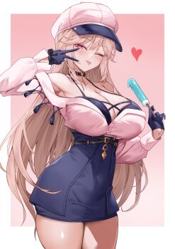 1girl :p ;p absurdres black_dress black_gloves blush border breasts brown_hair cleavage collarbone commentary commission covered_navel deogho_(liujinzy9854) dress english_commentary food gloves hat heart highres large_breasts looking_at_viewer one_eye_closed original pink_background pink_eyes pink_hat pink_shirt popsicle shirt sidelocks solo standing tongue tongue_out v white_border