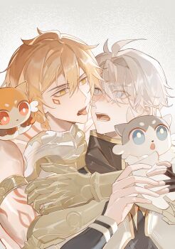 Rule 34 | 2boys, absurdres, antenna hair, arm tattoo, armlet, armor, black choker, black shirt, blonde hair, blue eyes, blush, braid, chest tattoo, chimera (honkai: star rail), chinese commentary, choker, clawed gauntlets, coat, commentary request, creature, creature on shoulder, facial tattoo, gradient hair, highres, holding, holding creature, honkai: star rail, honkai (series), hug, hug from behind, jewelry, male focus, medium hair, multicolored hair, multiple boys, mydei (fig stew) (honkai: star rail), mydei (honkai: star rail), neck tattoo, on shoulder, parted bangs, pauldrons, phainon (honkai: star rail), phainon (vigethos) (honkai: star rail), red hair, red tattoo, shirt, short hair, shoulder armor, side braid, single pauldron, sun symbol, sun tattoo, tan, tattoo, tongue, tongue out, white coat, white hair, yangjide4g18248, yaoi, yellow eyes