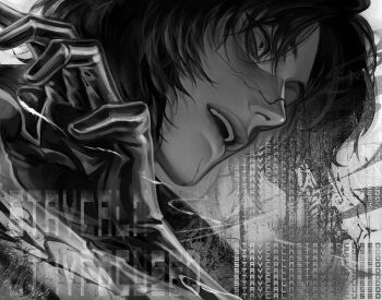 Rule 34 | 1boy, commentary, cracked skin, english commentary, foreground text, from side, gloves, grey background, greyscale, looking ahead, male focus, meylish, monochrome, nose, open mouth, original, parted bangs, portrait, short hair, solo