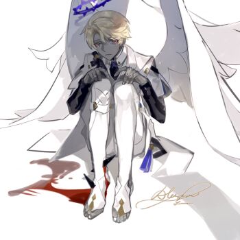 1boy absurdres angel blonde_hair blood colored_skin crying crying_with_eyes_open feathered_wings full_body halo hands_on_own_knees highres knees_up liulianjingrua long_sleeves looking_at_viewer male_focus original pants red_eyes short_hair simple_background sitting solo tears white_background white_pants white_wings wings