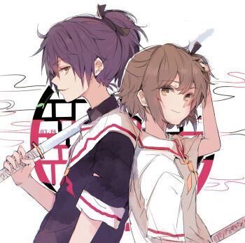 Rule 34 | 2girls, back-to-back, black shirt, brown eyes, brown hair, closed mouth, collared shirt, commentary request, dated, etou kanami, etou minato, from side, hair between eyes, hand on own head, highres, holding, holding sword, holding weapon, katana, leaf in mouth, lionet0806, looking at viewer, minoseki gakuin uniform, mother and daughter, multiple girls, orange ribbon, over shoulder, parted lips, ponytail, purple hair, renpu girls school uniform (old design), ribbon, sailor collar, school uniform, shirt, short hair, short sleeves, standing, summer uniform, sword, toji no miko, weapon, weapon over shoulder, white sailor collar, white shirt