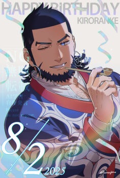 1boy beard blue_eyes character_name collared_shirt commentary dated earrings facial_hair foxvulpine golden_kamuy happy_birthday holding holding_smoking_pipe japanese_clothes jewelry kiroranke long_sideburns male_focus mature_male one_eye_closed shirt short_hair sideburns signature smoking_pipe solo v-shaped_eyebrows white_shirt