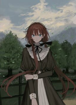 1girl bib_collar black_bow black_dress black_ribbon blue_eyes blue_sky bow cloud cowboy_shot day dress eyelashes falling_leaves frills hair_bow hand_on_own_arm highres hitoto_0058 juliet_sleeves leaf long_hair long_sleeves looking_at_viewer neck_ribbon original outdoors puffy_sleeves red_hair ribbon sky solo tree twintails