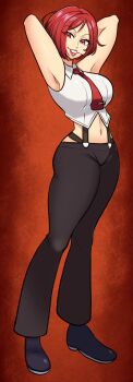 1girl arms_behind_head black_pants breasts commentary english_commentary full_body grin highres large_breasts looking_at_viewer midriff missandydandy navel necktie pants red_background red_eyes red_hair red_necktie shirt short_hair smile solo the_king_of_fighters vanessa_(kof) white_shirt