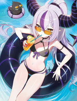 Rule 34 | 1girl, absurdres, ahoge, alternate costume, arm strap, bikini, black bikini, black horns, braid, braided bangs, commentary request, crow (la+ darknesss), cup, day, demon horns, double-parted bangs, drink, flat chest, front-tie bikini top, front-tie top, grey hair, hair between eyes, highres, holding, holding cup, hololive, horns, innertube, la+ darknesss, long hair, looking at viewer, melreon, metal wrist cuffs, multi-strapped bikini bottom, multi-strapped bikini top, multicolored hair, navel, on innertube, pointy ears, ponytail, purple hair, side-tie bikini bottom, sitting, slit pupils, solo, stomach, streaked hair, sunglasses, swim ring, swimsuit, tail, tinted eyewear, two-tone hair, very long hair, virtual youtuber, water, yellow-tinted eyewear, yellow eyes