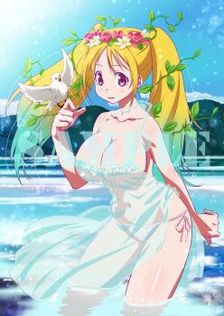 Rule 34 | 1girl, arm behind back, arm up, bird, blonde hair, blurry, blush, bokeh, breasts, caustics, chemise, choker, cleavage, clenched hand, collarbone, contrapposto, day, depth of field, female focus, flower wreath, halterneck, heion sedai no idaten-tachi, large breasts, legs apart, lens flare, lingerie, long hair, looking at viewer, navel, official art, open mouth, outdoors, panties, partially submerged, paula (idaten), pink eyes, pink panties, plant, ribbon choker, sample watermark, see-through clothes, shiny skin, side-tie panties, smile, solo, spaghetti strap, standing, string panties, sunlight, tareme, twintails, underwear, underwear only, vines, water, watermark