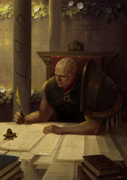 1boy absurdres arm_on_table armor body_writing book brick_wall commentary elbows_on_table english_commentary facial_tattoo flower glowing glowing_tattoo highres holding holding_quill ink inkwell leaning_on_table looking_to_the_side lorgar_aurelian male_focus muscular muscular_male official_art oruam outdoors paper pauldrons pillar primarch purity_seal quill reflective_surface reflective_table rose runes scattered_books scattered_paper shoulder_armor sidelighting signature single_pauldron sitting sketch solo sunlight table tattoo throne too_many_papers upper_body warhammer_40k white_flower white_rose word_bearers writing