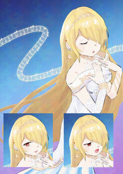 1girl absurdres commentary_request crescent crescent_earrings dress earrings hair_ornament hair_over_one_eye hairpin heaven_burns_red highres jewelry kayamori_ruka long_hair midorinokomame_(pixiv_72004679) multiple_expressions musical_note red_eyes tiara white_dress