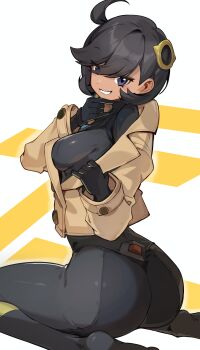 1girl absurdres ass ass_focus black_bodysuit black_hair bodysuit bodysuit_under_clothes breasts brown_jacket commentary_request cowlick curvy dark-skinned_female dark_skin emma_(pokemon) goomrrat grin highres huge_ass jacket jacket_partially_removed looking_at_viewer looking_back medium_breasts mega_stone nintendo pokemon pokemon_legends:_z-a purple_eyes shiny_clothes short_hair simple_background sitting smile solo wariza wide_hips