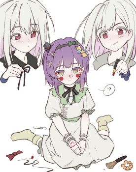 Rule 34 | 3girls, ?, bang dream!, bang dream! it's mygo!!!!!, black choker, black hairband, blush, chinese commentary, choker, closed mouth, commentary request, cosmetics, dress, green dress, green hair, green wrist cuffs, hairband, hero45439083942, highres, holding, holding lipstick tube, lipstick mark, lipstick mark on face, lipstick tube, long hair, medium hair, multiple girls, original, purple hair, red eyes, ribbon choker, siblings, simple background, sisters, sitting, socks, spoken question mark, twins, wakaba ameha, wakaba muna, wakaba wakaho, wariza, white background, wrist cuffs, yellow eyes, yellow socks