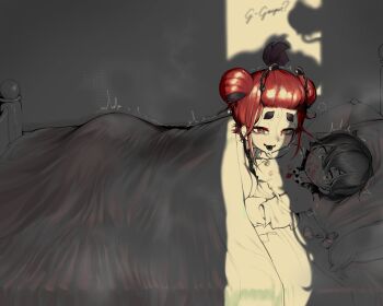 1boy 1girl absurdres antennae arthropod_girl beastiez bed beri_(beribug) black_hair black_tongue blanket caught colored_skin condom crack_of_light double_bun femdom gaspar_(grimmivt) grey_skin hair_bun highres indie_virtual_youtuber ladybug_girl lipstick_mark monster_girl multicolored_hair partially_colored red_eyes red_hair saliva saliva_trail sedua_weynn shadow short_eyebrows short_hair skelter_(grimmivt) virtual_youtuber yellow_eyes
