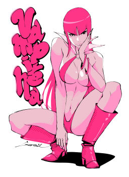 1girl absurdres boots bracelet breasts commentary copyright_name english_commentary godtail highres jewelry large_breasts long_hair navel o-ring o-ring_swimsuit solo swimsuit vampirella vampirella_(character) white_background