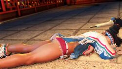 1girl 3d animated ass black_hair capcom dark-skinned_female dark_skin denim denim_shorts female_focus bad_tag game_screenshot lily_hawk long_hair looking_at_viewer lying micro_shorts on_back on_stomach ryona shiny_skin short_shorts shorts solo street_fighter street_fighter_6 stretching thighs video video_game
