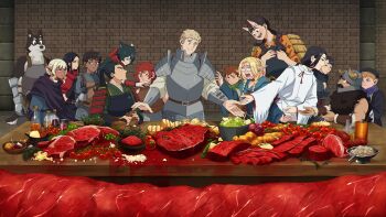6+boys 6+girls absurdres armor artist_name black_hair capelet chilchuck_tims commentary dark-skinned_male dark_skin dungeon_meshi english_commentary everyone fine_art_parody food glass_bottle hien highres holm_kranom inkspirate inutade izutsumi japanese_armor kabru kuro_(dungeon_meshi) laios_touden long_hair looking_at_another maizuru marcille_donato mature_female meat multiple_boys multiple_girls namari_(dungeon_meshi) parody reaching reaching_towards_another red_capelet red_hair rin_(dungeon_meshi) senshi_(dungeon_meshi) short_hair shoulder_armor shurou sode standing table the_last_supper thistle_(dungeon_meshi) upper_body watermark