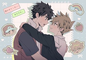 2boys arm_around_neck baseball_cap black_hair black_jacket black_shirt blue_oak brown_eyes closed_mouth collared_jacket collared_shirt commentary_request eye_contact food from_side fruit grin hand_on_another's_back hat highres jacket jacket_partially_removed long_sleeves looking_at_another male_focus multiple_boys nintendo open_mouth parted_bangs pk_rgr96 pokemon pokemon_hgss popped_collar rainbow red_(pokemon) red_hat red_jacket shirt short_hair short_sleeves smile strawberry teeth translation_request upper_body white_shirt yaoi