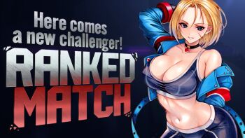 1girl artist_request black_leggings blonde_hair blue_jacket breasts cammy_white capcom cleavage collarbone cropped_jacket english_text female_focus highres jacket large_breasts leggings looking_at_viewer midriff open_clothes open_jacket solo street_fighter street_fighter_6 union_jack