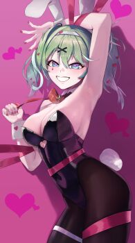 1girl absurdres animal_ears arm_over_head arm_up armpits bell black_hiphighs black_leotard bow bowtie breasts cleavage commentary_request covered_navel cowboy_shot fake_animal_ears fingernails green_eyes grin hair_between_eyes hair_ornament hairband hal_(sin_diver) heart heart_hair_ornament highres hiphighs large_breasts leotard long_bangs looking_at_viewer medium_hair multicolored_eyes nail_polish neck_bell pink_background pink_nails rabbit_ears red_bow red_bowtie shadow smile solo standing stellive strapless strapless_leotard too_many_hair_ornaments two-tone_eyes white_hairband white_wrist_cuffs wrist_cuffs x_hair_ornament yuzuha_riko