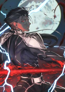 1boy blue_bodysuit blue_hair bodysuit cu_chulainn_(fate) cu_chulainn_(lancer)_(fate) earrings fadingz fate/stay_night fate_(series) full_moon gae_bolg_(fate) holding holding_polearm holding_weapon jewelry male_focus moon polearm ponytail solo spear spiked_hair weapon