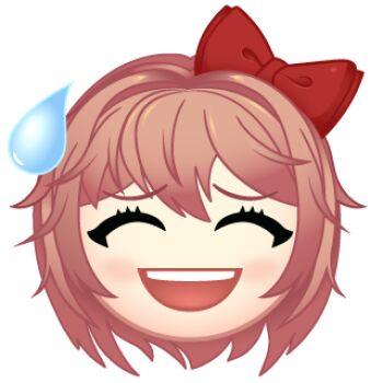 Rule 34 | 1girl, artist request, bow, chibi, chibi only, closed eyes, doki doki literature club, double-parted bangs, emoji, hair bow, lowres, messy hair, nervous sweating, official art, pink hair, portrait, sayori (doki doki literature club), short hair, solo, sweat, sweatdrop