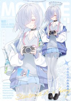 1girl apple_caramel backpack bag black_choker black_shoes blue_skirt blush bottle breasts camera character_name choker colored_eyelashes comiket_107 commentary_request english_text grey_hair grey_vest hair_over_one_eye halo highres holding holding_camera jacket korean_commentary letterman_jacket long_hair looking_at_viewer mornye_(wuthering_waves) off_shoulder official_alternate_costume parted_lips red_eyes see-through_body shirt shoes skirt small_breasts socks solo tacet_mark_(wuthering_waves) vest water_bottle white_bag white_shirt white_socks wuthering_waves