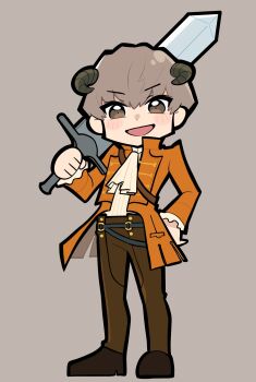 Rule 34 | 1boy, blush, brown eyes, brown hair, brown pants, chibi, chibi only, coat, commentary, full body, greatsword, grey background, hair between eyes, hand on own hip, highres, holding, holding sword, holding weapon, horns, koyuki0125k, long sleeves, looking at viewer, male focus, metaphor: refantazio, open mouth, orange coat, over shoulder, pants, shoes, simple background, solo, standing, strohl (metaphor: refantazio), sword, weapon, weapon over shoulder