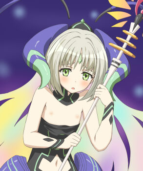 10s 1girl atelier_(series) atelier_escha_&amp;_logy female_focus flameu_(atelier) flat_chest forehead_jewel green_eyes gust horns loli namuya navel nipples silver_hair solo staff