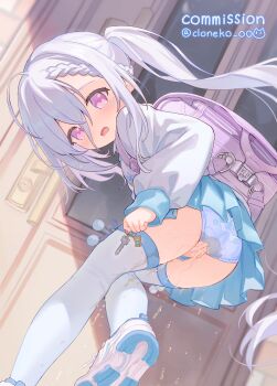 1girl absurdres ahoge backpack bag blue_panties blue_shoes blue_skirt blush braid character_request cloneko_(zelmeledf2) commission copyright_request crying crying_with_eyes_open embarrassed from_behind hair_between_eyes hand_on_own_crotch highres holding holding_key key loli long_hair long_sleeves looking_at_viewer looking_back open_mouth panties pantyshot pee peeing peeing_self pleated_skirt print_panties puffy_long_sleeves puffy_sleeves purple_bag purple_eyes randoseru shirt shoes side_ponytail skeb_commission skirt solo tears thighhighs underwear upskirt variant_set white_hair white_shirt white_thighhighs