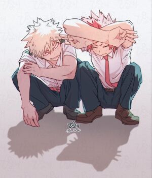 Rule 34 | 2boys, artist name, bakugou katsuki, belt, blonde hair, boku no hero academia, brown belt, brown shoes, cat shadow puppet (meme), closed mouth, collared shirt, commentary request, double w, highres, kirishima eijiro, looking at another, male focus, meme, middle w, multiple boys, necktie, pants, red hair, red necktie, school uniform, shadow puppet, shirt, shirt tucked in, shoes, short hair, spiked hair, squatting, tsukota, twitter username, u.a. school uniform, w, white shirt