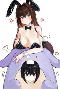 2girls absurdres alternate_costume anger_vein animal_costume animal_ears aozaki_aoko black_eyes black_hair black_leotard blue_eyes blush breasts brown_hair cleavage collarbone fake_animal_ears fake_tail frown hair_intakes highres kuonji_alice large_breasts leotard long_hair looking_at_viewer mahou_tsukai_no_yoru multiple_girls pantyhose playboy_bunny rabbit_ears rabbit_tail tail yotsutsu428
