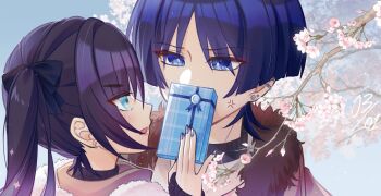 Rule 34 | 1boy, 1girl, alternate costume, anger vein, black bow, black sleeves, black sweater, blue eyes, blue ribbon, blunt ends, bow, box, branch, brown coat, bud, cable knit, casual, cherry blossoms, choppy bangs, coat, contemporary, dated, ear piercing, earrings, eyeliner, flower, fur-trimmed coat, fur trim, genshin impact, gift, gift box, giving, hair bow, hair pulled back, highres, holding, holding gift, jewelry, long hair, looking at another, makeup, mona (genshin impact), open hand, open mouth, outdoors, parted bangs, petals, piercing, pink flower, pink lips, pink petals, purple hair, purple nails, red eyeliner, renacchi06, ribbed sweater, ribbon, scaramouche (genshin impact), side ponytail, sidelocks, sideways mouth, star (symbol), star earrings, star print, sweater, tree, tsurime, turtleneck, turtleneck sweater
