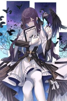 Rule 34 | 1girl, animal, animal on hand, bird, black jacket, blunt bangs, book, commentary request, crossed legs, crow, dress, expressionless, hair ribbon, highres, holding, holding book, honkai (series), honkai impact 3rd, jacket, kafka (honkai impact), korean commentary, long hair, long sleeves, looking at viewer, multicolored dress, neon (pixiv 31150749), purple eyes, purple hair, ribbon, sidelocks, stigmata, very long hair, white dress
