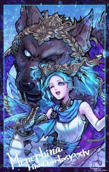 1girl ;d asymmetrical_wings blue_background blue_bow blue_eyes blue_hair blue_scarf blue_wings bow character_name claw_ring copyright_name dalamud_(menphina) dress final_fantasy final_fantasy_xiv headpiece highres jewelry leki_ixion looking_at_viewer medium_hair menphina neck_ring one_eye_closed open_mouth scarf sleeveless sleeveless_dress smile twintails white_dress wings wolf